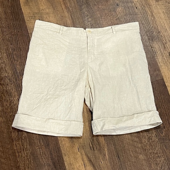 Mik Mak cuffed linen shorts Mens size 34 waist light oatmeal color 9 inch inseam - Picture 1 of 5